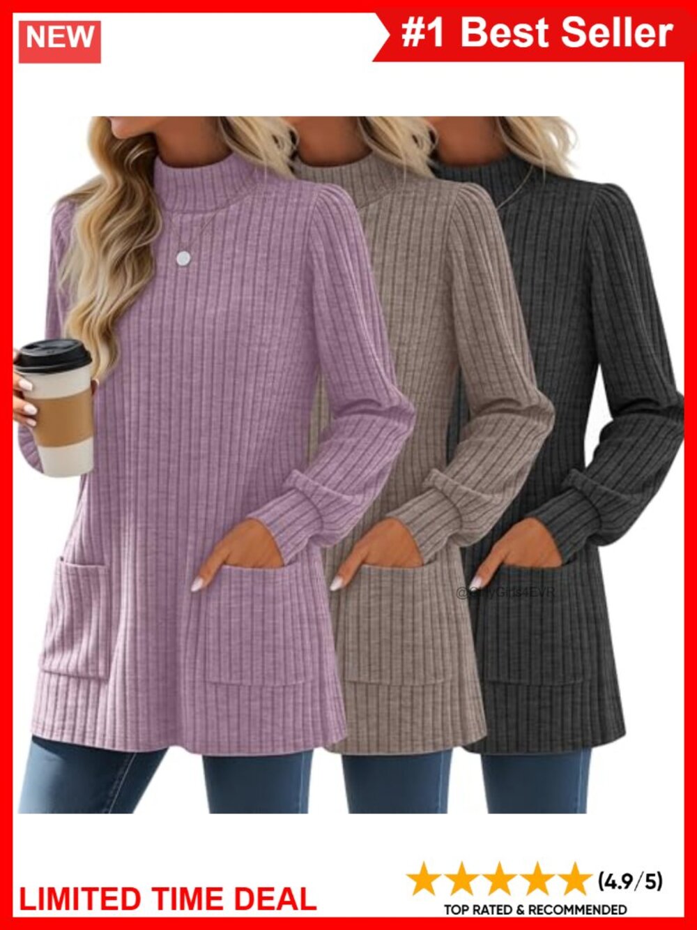3 Pack Women's Mock Neck Sweaters Tunic Tops Ribbed Knit Long Sleeve